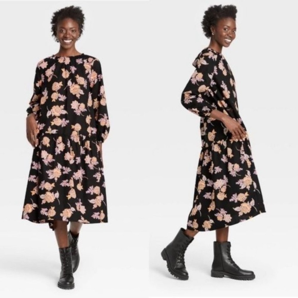 NWOT Black Floral Prairie Boho Oversized Floral Print Dress Size XL - Picture 2 of 6